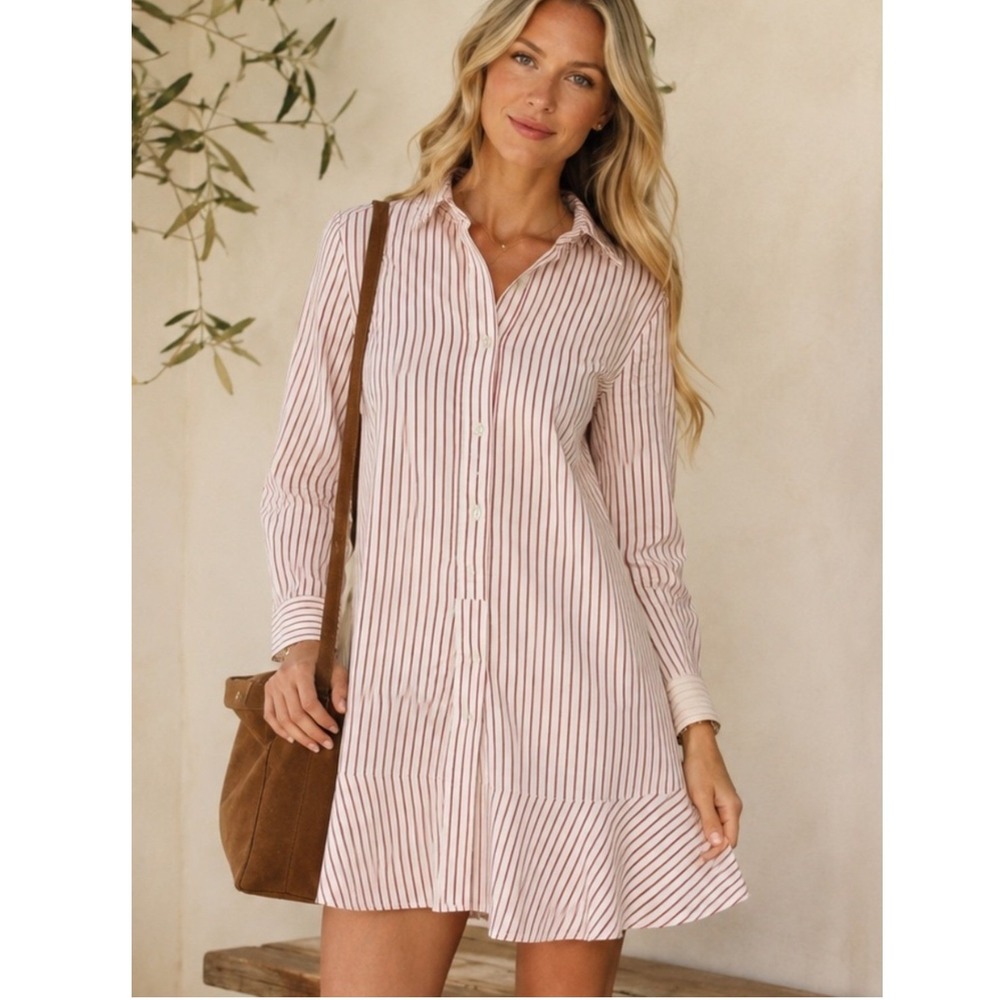 Quince Organic Cotton Striped Shirt Dress Sz XS Rust Preppy Minimalist Ruffle
